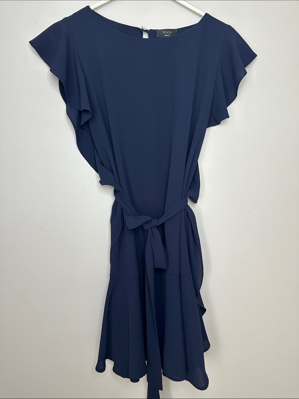 VICI Navy Flutter Sleeve Ruffled Sides Dress with Self Tie Belt size S